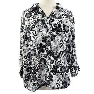 JM Collection 100% Linen White Black Floral Button-Up Shirt Comfy Beachy